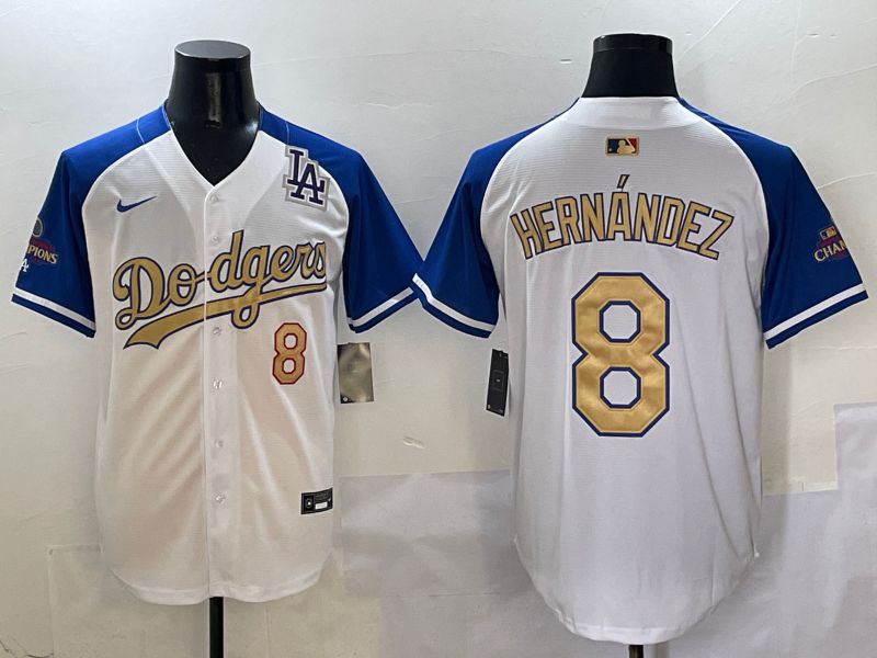 Men Los Angeles Dodgers 8 Hernandez White Blue Gold Game 2025 Nike MLB Jersey style 5